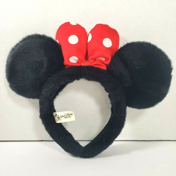 VTG Disney Parks Furry Black Minnie Ears Headband Red White Polka Dot Puffy Bow - Picture 2 of 7